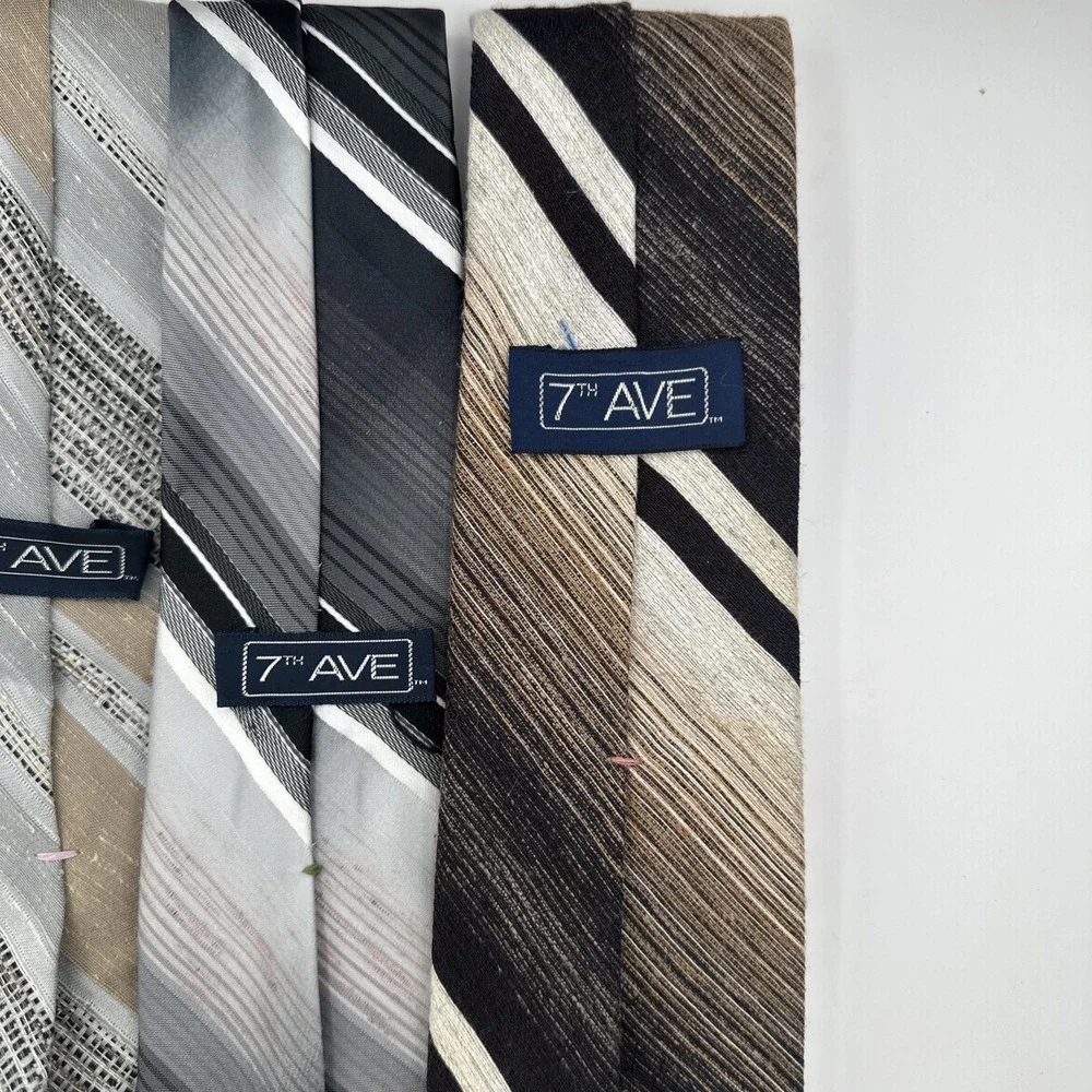7th Ave Men's Necktie Lot of 4 Striped Brown Gray Black‎ White Dress Ties